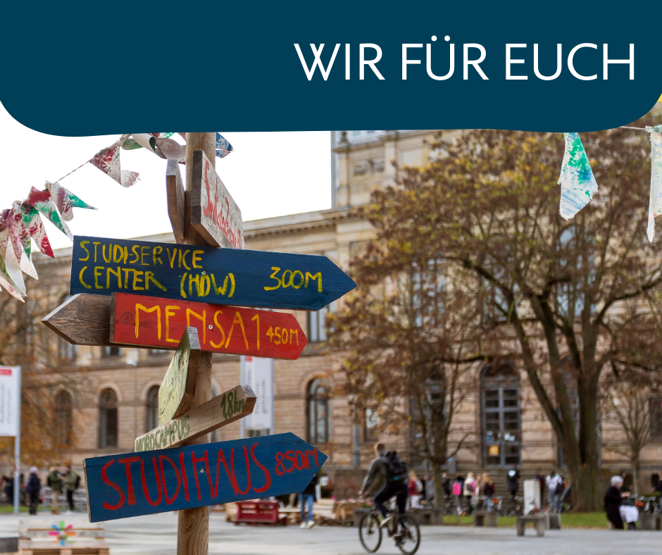 Zu sehen ist der Forumsplatz mit Wegweisern zu unterschiedlichen Universitätsorten, wie zum Beispiel die Mensa. Darüber steht: Wir für Euch.