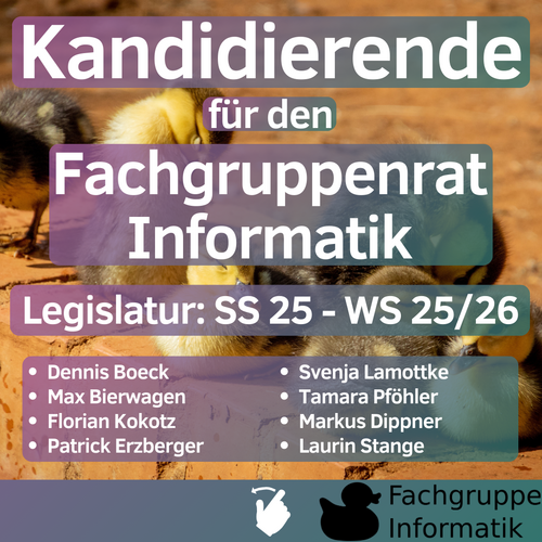 Kandidierende für den Fachgruppenrat Informatik Legislatur: SS25 - WS 25/26 • Dennis Boeck • Max Bierwagen • Florian Kokotz • Patrick Erzberger • Svenja Lamottke • Tamara Pföhler • Markus Dippner • Laurin Stange