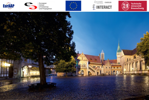 Bild des Burgplatzes in Braunschweig bei Abenddämmerung. Darüber die Logos von EurAAP, der European School of Antennas and Propagation, der EU, Cost Interact und der TU Braunschweig 