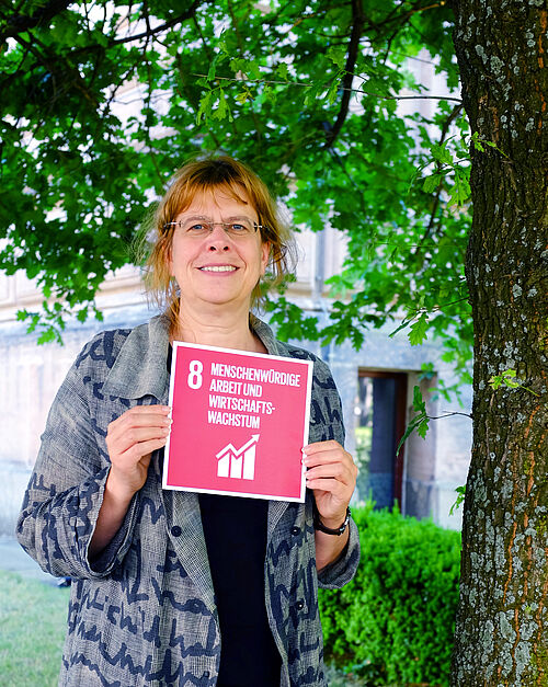 Prof. Dr. Simone Kauffeld steht im Grünen und hält eine Karte mit dem SDG 8 in den Händen. 