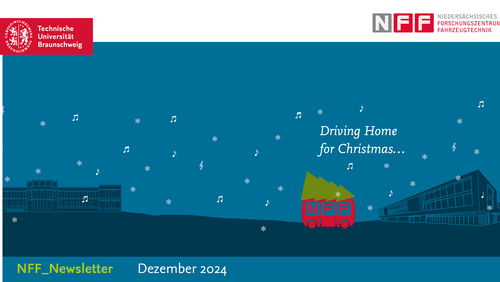 Grafik Driving home for Christmas mit NFF-Logo-Auto und Tannenbaum