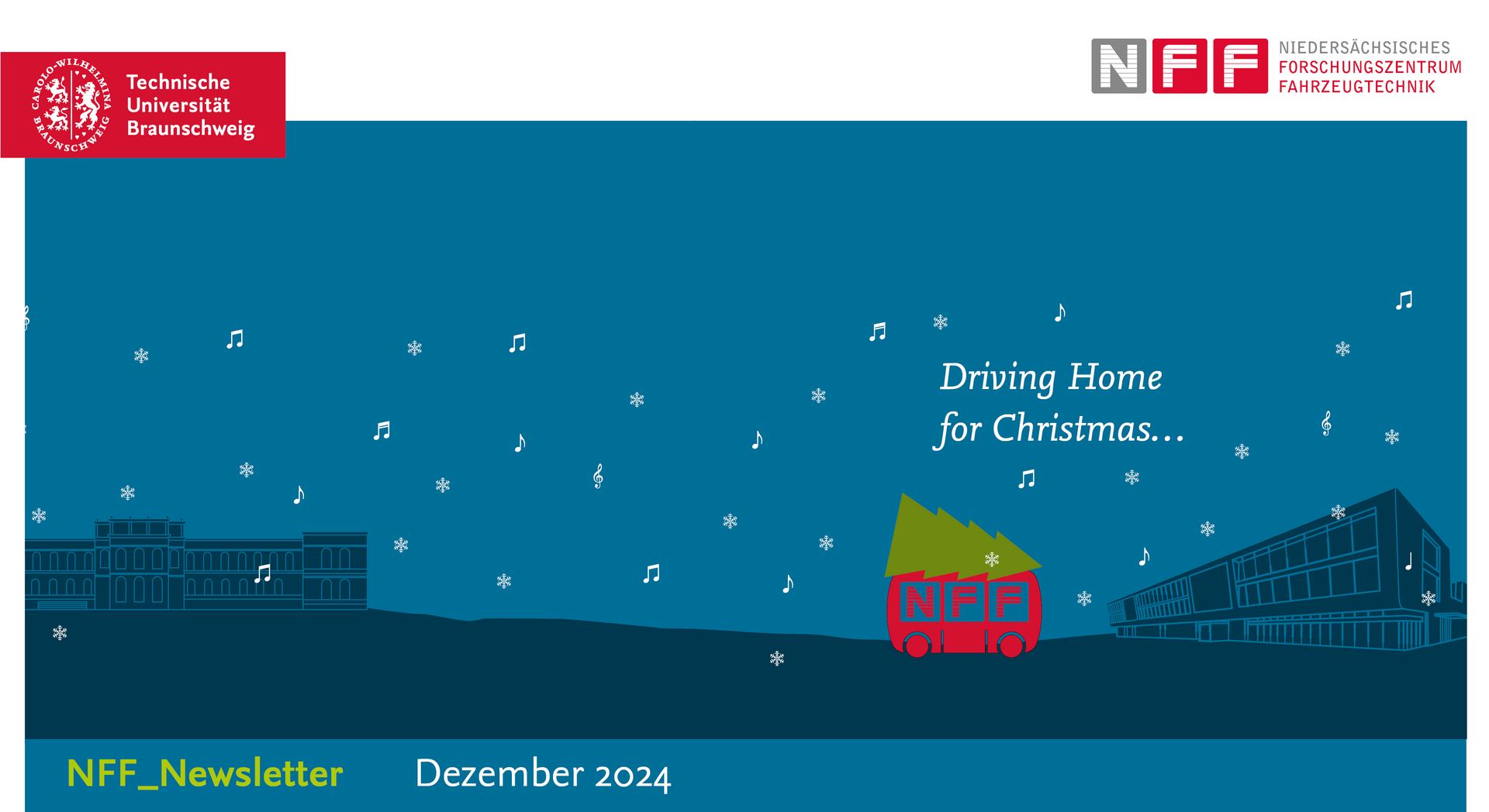 Grafik Driving home for Christmas mit NFF-Logo-Auto und Tannenbaum