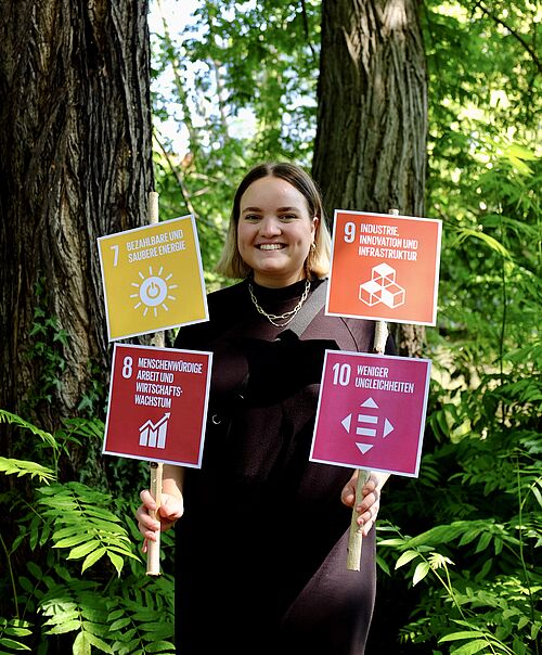 Kathrin Janssen hält die SDGs 7 bis 10 in ihren Händen. 