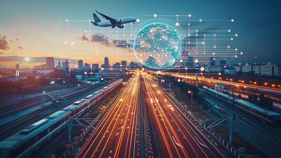 A modern city skyline at sunset with illuminated highways, a glowing digital globe, and an airplane in flight, symbolizing global connectivity, advanced transportation, and technological innovation