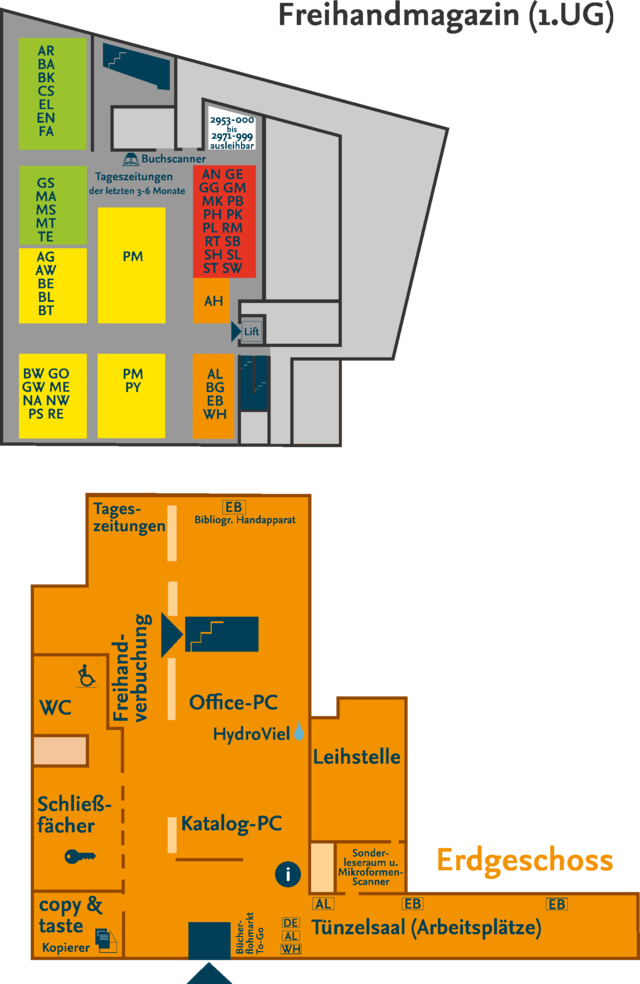 Lageplan Erdgeschoss und Freihandmagazin