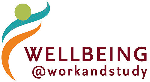 Logo zur Gesundheitswoche der TU Braunschweig unter dem Motto wellbeeing at work and study: eine Grafik aus geschwungenen Linien, die wie wie eine beschwingte Figur anmutet, umspielt rechtsseitig das Motto als Schriftzug. 