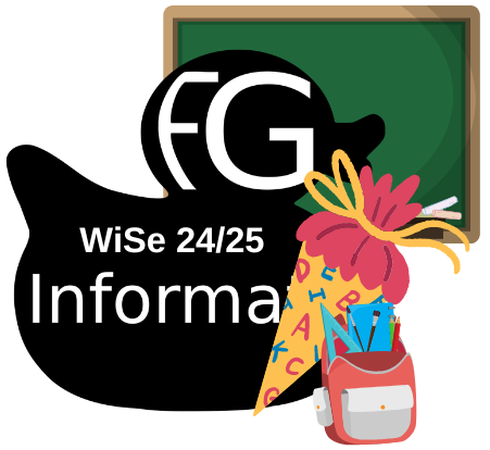 Das Logo des Fachgruppenrats Informatik (Eine Ente mit Schriftzug) mit einer Schultüte und einem Rucksack vor einer Tafel. In der Mitte steht WiSe 24/25.