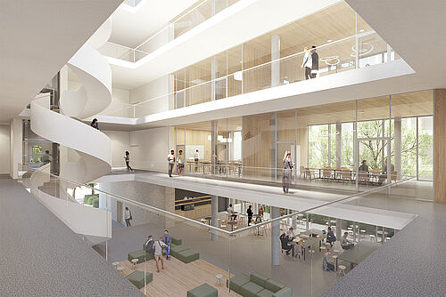Visualisierung des Foyers im geplanten Physik-Neubau der TU Braunschweig.