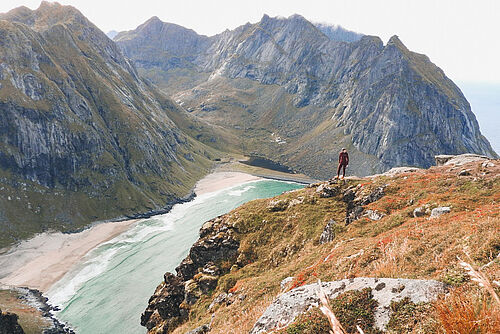 each and mountain landscape on the Lofoten Islands.