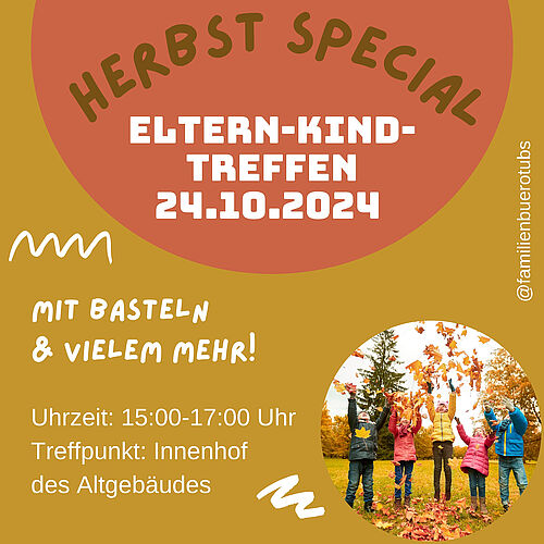 Ankündigung Eltern-Kind-Treffen als Herbst Special. Darunter ein Foto mit Kindern, die bunte Blätter in die Luft werfen