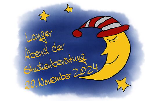 Zu sehen ist ein gemalter, schlafender Halbmond mit Schlafmütze auf der rechten Seite des Bildes. Links steht Langer Abend der Studienberatung 20.11.2024