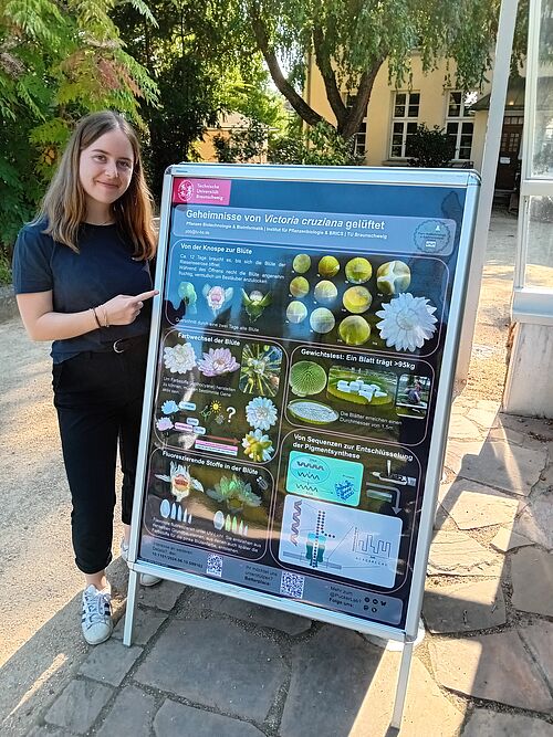 Melina mit Poster im Botanischen Garten