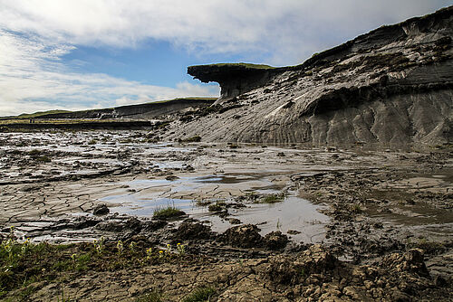 Durch Erosion gezeichnete Küstenlandschaft mit Schmelzwasserteichen auf Herschel Island, Kanada.