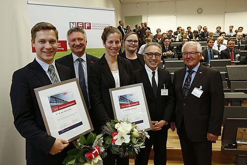 Preisträger Dr. Claas Hoyer, Doktorvater Prof. Thomas Spengler, Preisträgerin Dr. Marjam Eghtessad, NFF-Geschäftsführerin Dr. Kathrien Inderwisch, Doktorvater Prof. Ferit Küçükay und NFF-Vorstandssprecher Dr. Udo-Willi Kögler.