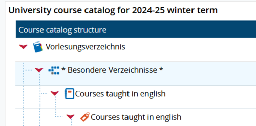 Screenshot des digitalen Vorlesungsverzeichnisses der TU Braunschweig mit der Übersicht der englischsprachigen Lehrveranstaltungen.